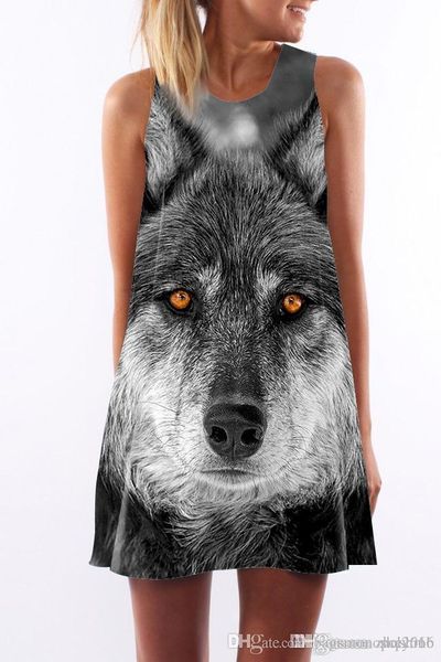 

женское платье лето вокруг шеи сексуальные строп рукавов хип-хоп обертывание элегантная дама wolf печатающая головка юбка случайные платье к, Black;gray