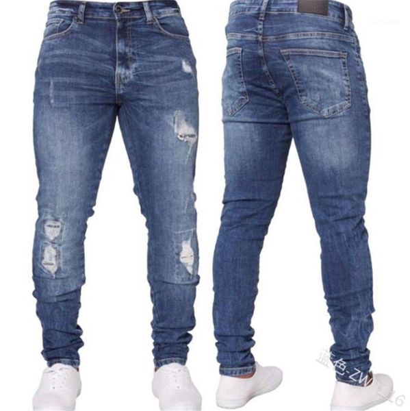 

fashion slim mid waist washed ripped hole pencil pants streetwear new mens clothing mens casual designer jeans, Blue