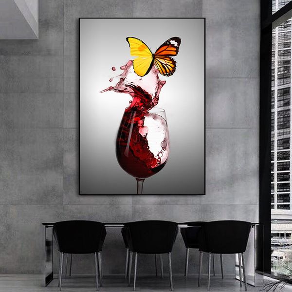 

modern abstract art butterfly on red wine glass canvas painting wall art pictures for living room home decor (no frame