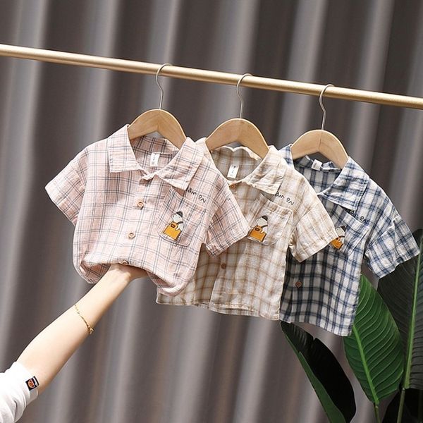 

2020 new children's korean clothing shirt children's clothing small and medium boys short sleeve cartoon plaid shirt, White;black