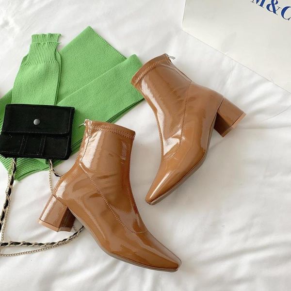 

2020 autumn women elegant boots bright leather pointed toes ankle boots female high heel white slip on for women, Black