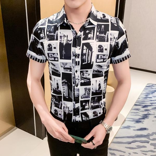 

gzdeerax black отпечатано shirt men luxury с коротким рукавом повседневная партия кореи рубашка мода тонкий fit рубашки мужчины платье плюс, White;black