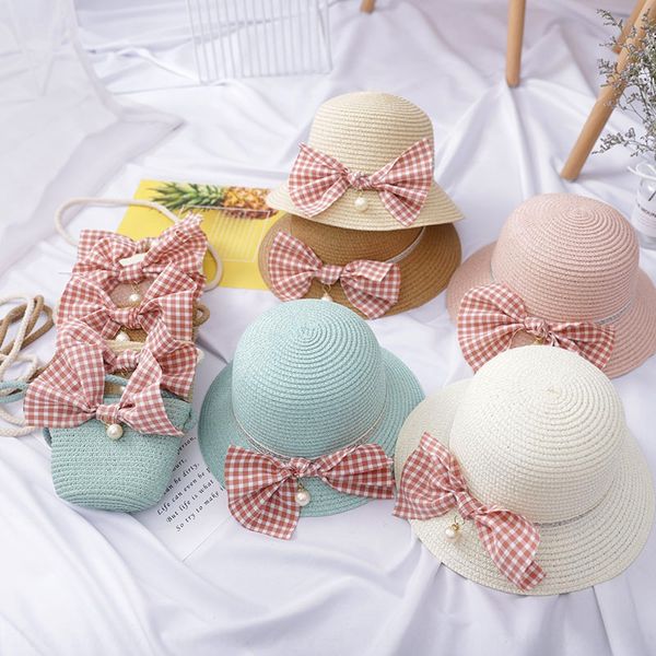 

i5ndv korean baby sunshade fisherman summer seaside hand woven children's straw + bag girl beach fisherman sun hat sunscreen sunshade h, Blue;gray