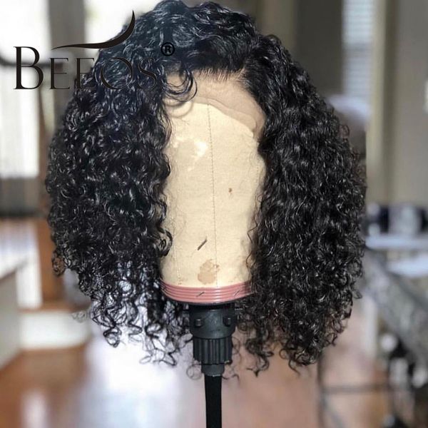 

beeos brazilian remy short curly human hair bob wig full end 13*6 lace front human hair wigs for women pre pluck side part, Black