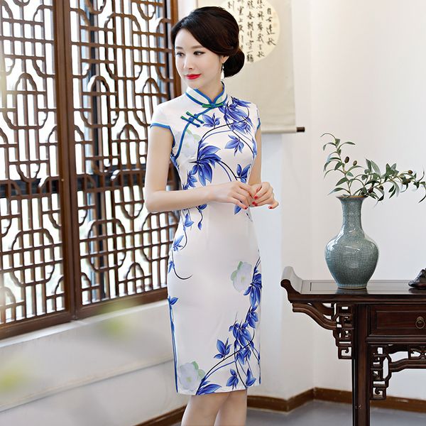 

ethnic clothing print flower women short slim cheongsam dresses vestido stage show high split chinese qipao traditional dress, Red
