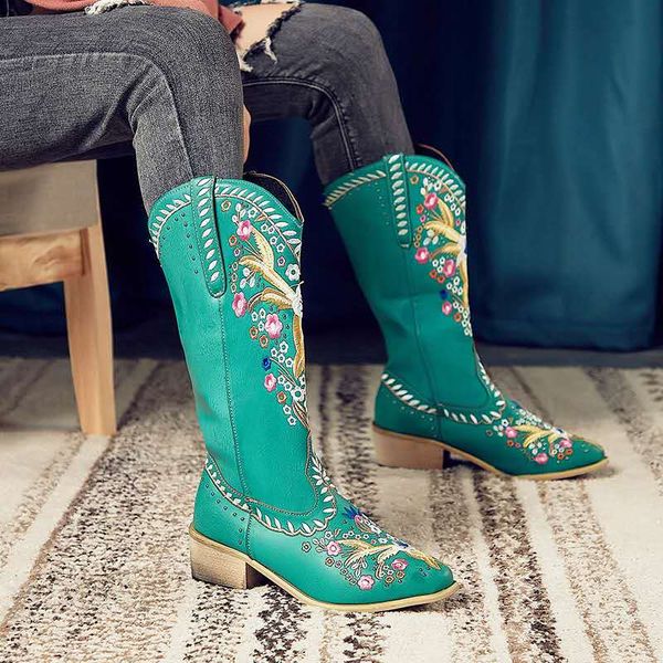 

women fashion boots spring low heel women shoes cool british embroidered design soft long boots party knee high green, Black