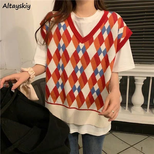 

vests women spring new arrival red argyle retro patchwork street style ulzzang student girls knitwear fashion tank chic hot, Black;white