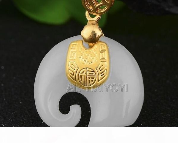 

natural white hetian jade + 18k solid gold inlaid chinese cute elephant amulet lucky pendant + necklace jewelry certificate y19052301, Silver