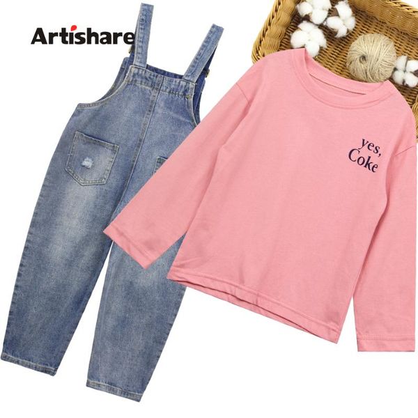 

clothing sets girls denim clothes letter children's for tshirt + rippded jumpsuit 2021 autumn kids girl, White