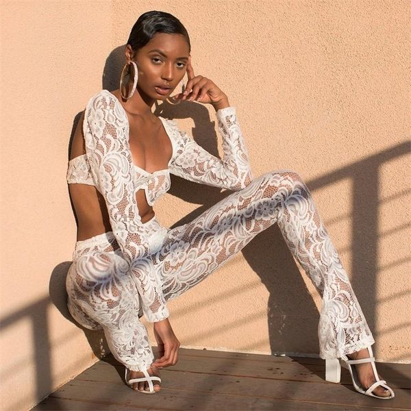 

2019 summer off the shoulder lace 2 piece set women crop and flared pants two peice suit sets female beach outfit 2pcs, Gray