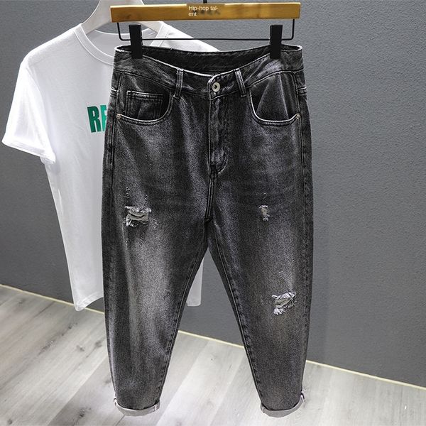 

2020 summer thin new 9-point trendy brand dad pants men's and jeans loose straight hole 9-point jeans men's all-match, Blue