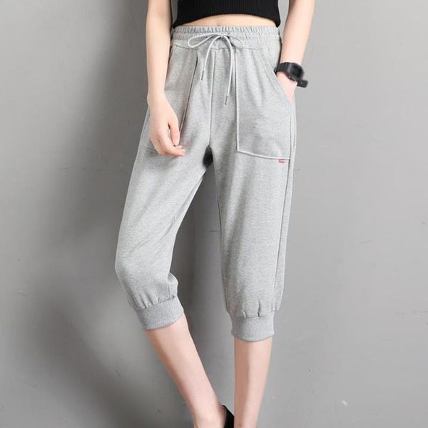 

korean summer calf length gym pants women loose sweatpants ladies casual gray drawstring waist capri joggers sport pants, Black;white