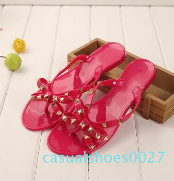 

size 36-40 new 2020 womens summer sandals rivets big bowknot flip flops beach sandalias femininas flat jelly designer woman sandals c27, Black