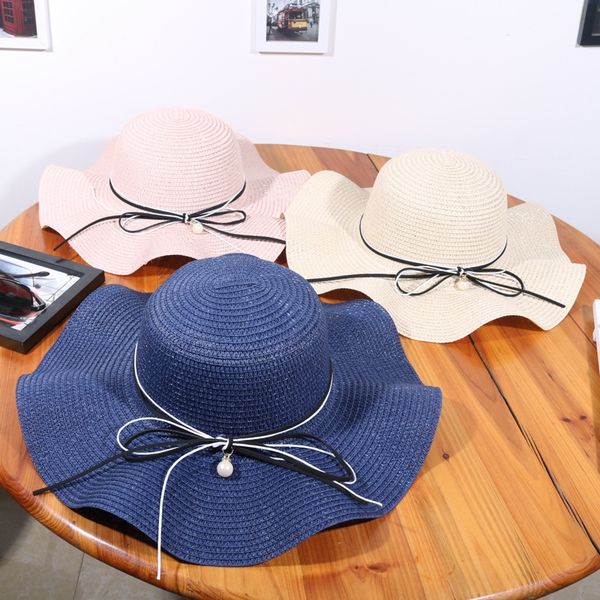

wavy side big eaves leather straw bar straw bar pearl sun hat all-match women's travel sun hat, Blue;gray