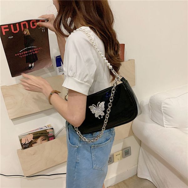 

butterfly girls chain armpit handbags vintage black baguette shoulder bag for women patent leather diamond pearl crossbody bags