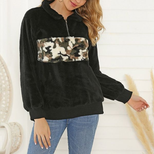 

women hooded sweatshirt multicolor patchwork long sleeve autumn fashion camouflage zipper plush pullover, Black