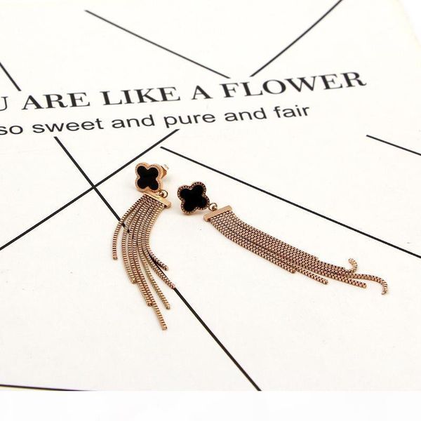 

r tassel earrings new japan and south korea black clover box chain tassel rose gold earrings girls fashion titanium colored gold earrin, Golden;silver