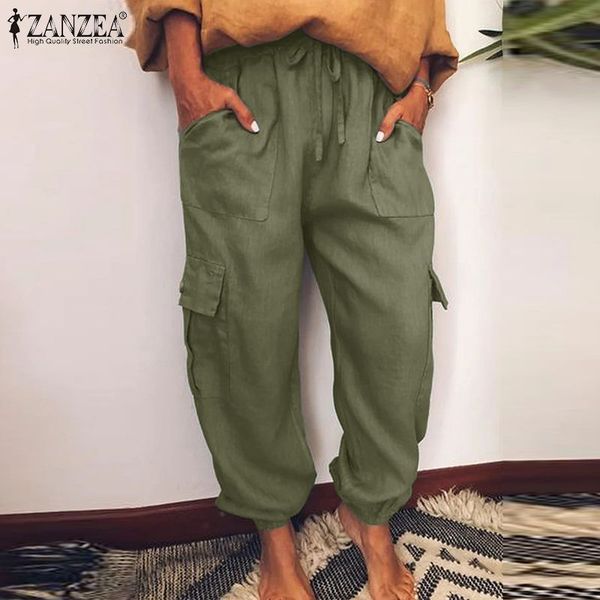 

2020 zanzea womens solid overalls lace up casual loose cargo pants wide leg elastic waist trousers vintage pockets oversized 5xl, Black;white