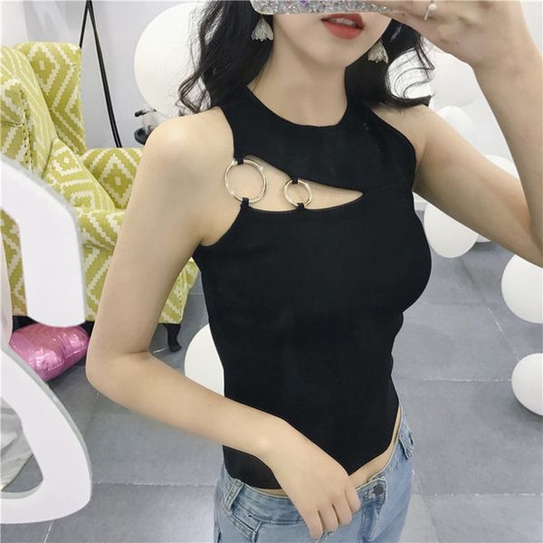 

summer women o neck knitted cropped stretchy tank female tanks sleeveless cropped solid t shirts tees camisole, White