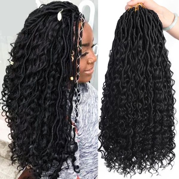 Natural Colorido Ombre Gold Messy Goddess 18inch Faux Locs Bohemian Curly Crochet Crochet Trança Extensões de Cabelo para Mulheres Afro