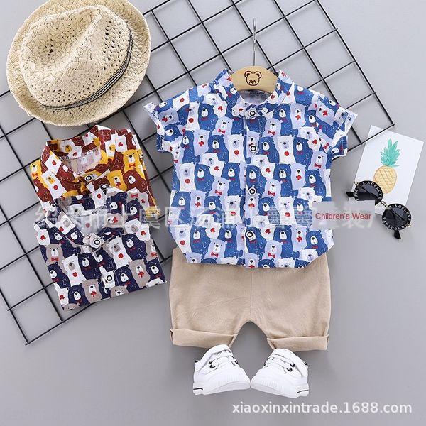 

little xinxin children's full print bear set summer 0-4 years old shirt shirt baby foreign style two-piece set, White;black