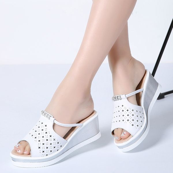 

2020 summer women flip flops platform sandals shoes ladies white middle heel peep toe slides sandals hollow out shoes 922-1, Black