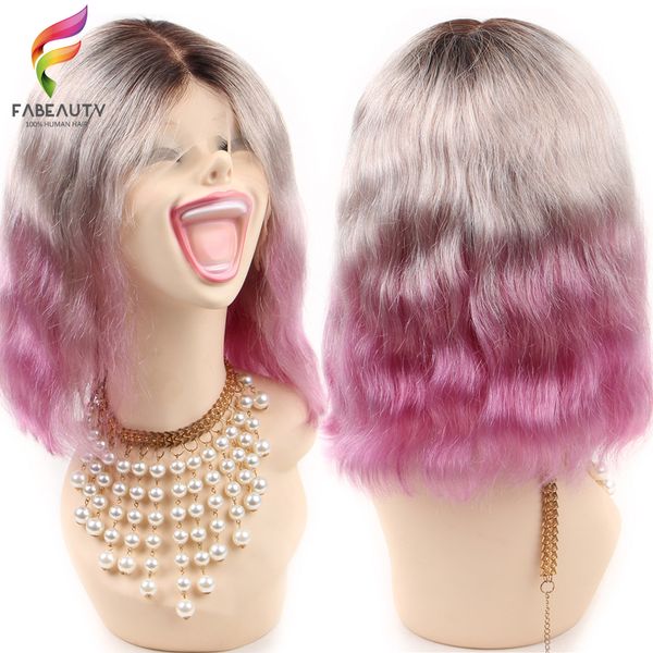 

T1B/Gray/Rose Red Lace Front Wig Short Bob Wigs Natural Wave Pre Plucked 13x4 Lace Wig Brazilian Human Hair Wigs Remy Hair, Ombre color
