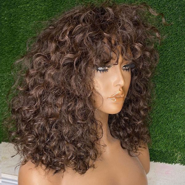 

indian chocolate brown natural curly lace front human hair wigs with baby hair 180density fringe 360 lace wigs with bangs remy full lace, Black