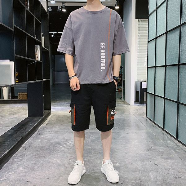 

skateboard mens tracksuits casual loose o-neck shorts fashion mens shorts and t shirt set summer clothing, Gray