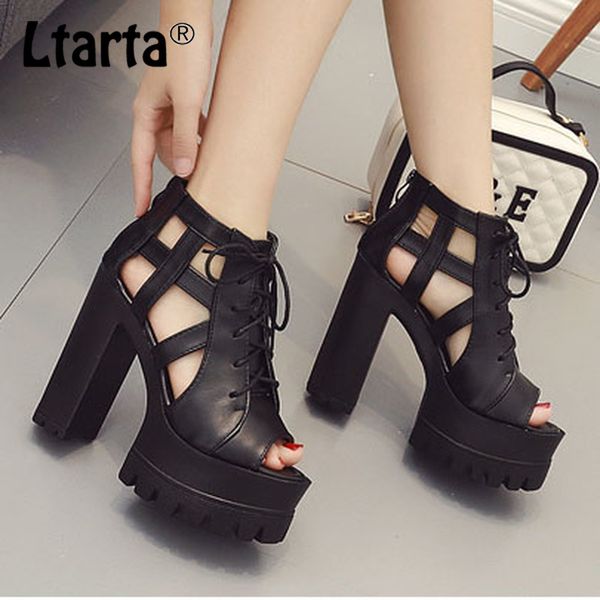 

ltarta 2020 summer new black classic women's shoes thick with waterproof platform hollow high heel sandals -7425