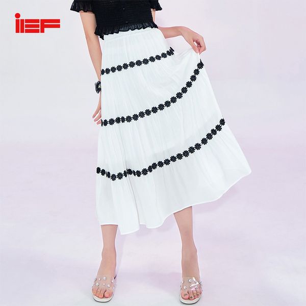 

ief 2020 summer fashion women daisy print skirt elegant high waist patchwork mesh vintage female long skirt 1522a-d3302, Black