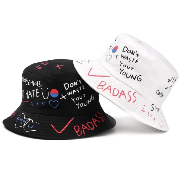 

2020 new harajuku cotton bucket hat fisherman hat outdoor hip hop cap summer fashion graffiti, Blue;gray