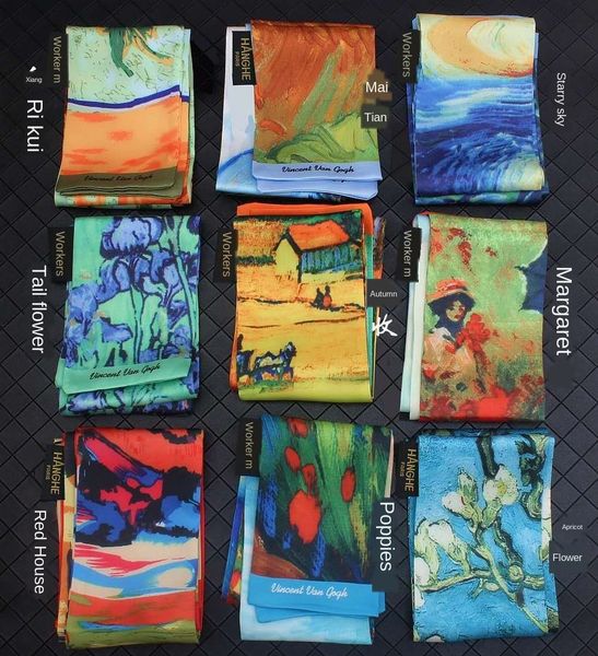 

120cm * 9cm new product in early autumn van gogh oil silk painting series twill silk ribbon scarf belt scarf female, Blue;gray