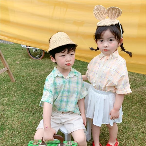 

2020 new male and female korean plaid clothing children's shirt children's lapel short-sleeved shirt baby top, White;black