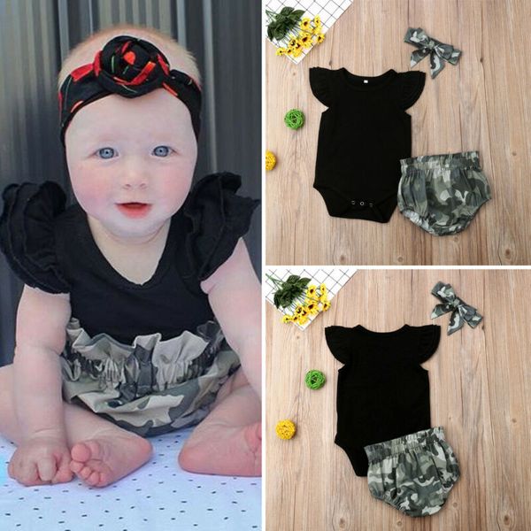 

newborn infant toddler baby girl romper+camo shorts pants summer clothes, White