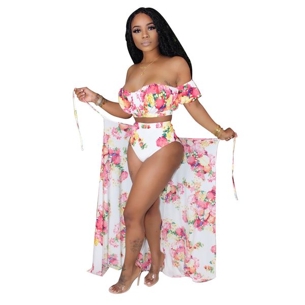 

womens floral swimwear 3pcs summer beach vacation cloak strapless irregular women bikini casual seaside clothing, White;black