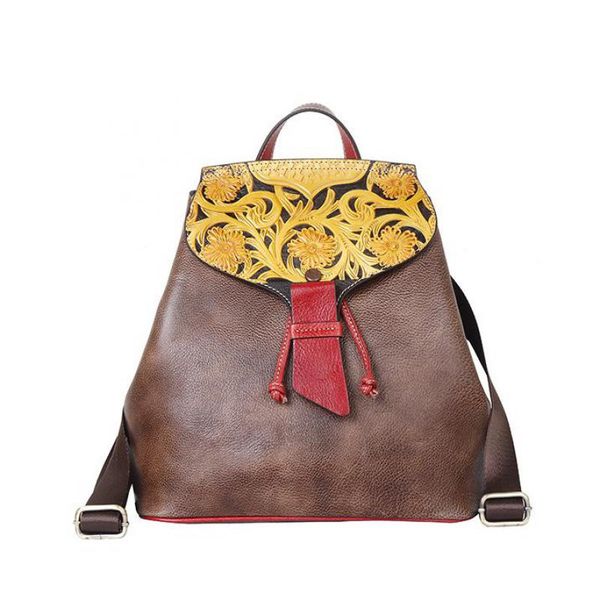 

aber 2020 new women bag handmade first layer cow leather backpack retro embossing floral lady travel backbags