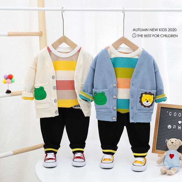 

hylkidhuose baby boys clothing sets 2020 autumn infant newborn casual clothes cartoon coats stripe t shirt pants kids clothing, White