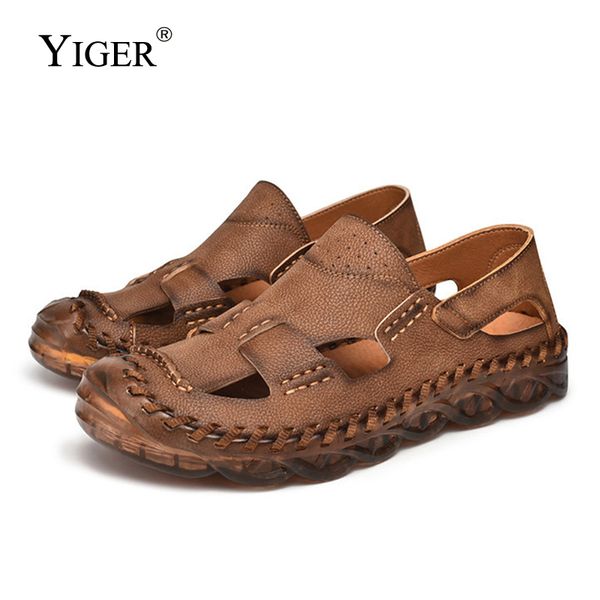 

yiger summer men's sandals beach shoes man leather leisurn slip-on sandals large size male non-slip shoes, Black