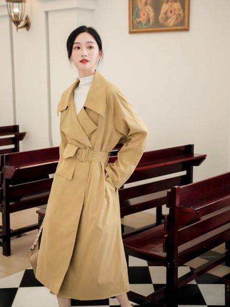 

elegant office women trench coat belted long sleeve solid female overcoat autumn winter trench women windbreaker vs317, Tan;black