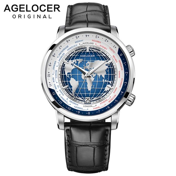 

swiss brand designer with world time date power reserve 80 hours automatic winding mechanical automatic men's watch, Slivery;brown