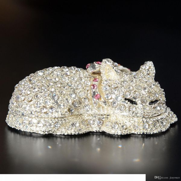 

crystal bejeweled cat trinket jewerly earring box pewter animal figurines metal crafts birthday christmas collectible gifts, Black;white