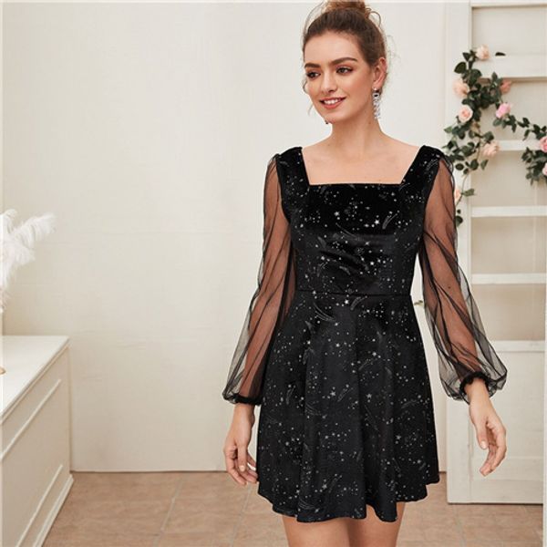 SHEIN Galaxy Print Contrast Sheer Mesh Sleeve Christmas Velvet Dress