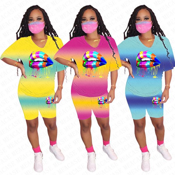 

women tracksuit designer lips gradient color printing v-neck short sleeves t shirt shorts two pieces outfits casual sports suit d71601, White