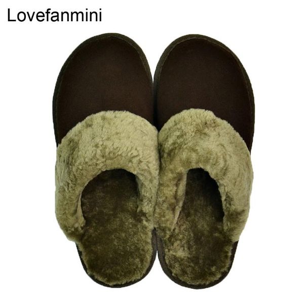 

wool fur one cow suede leather slippers couple indoor non-slip men women home fashion casual fleece shoes soft soles winter 609, Black