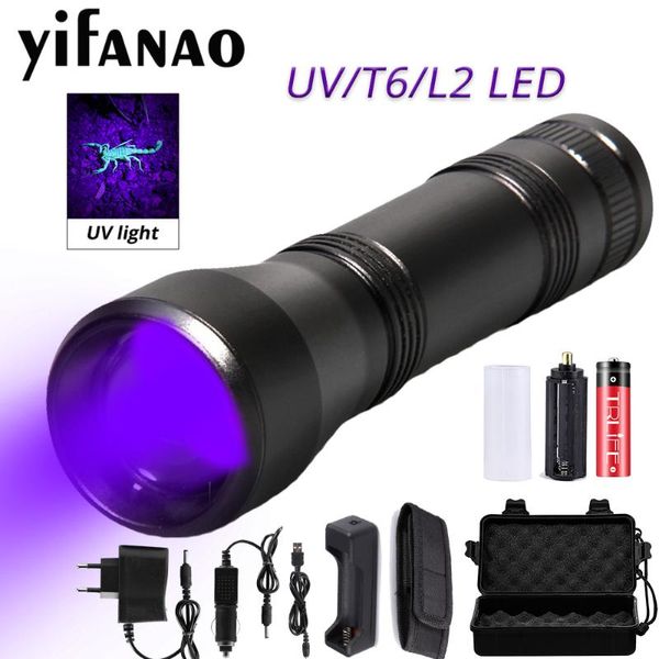 

1000lm led uv torch ultraviolet lamp l2/t6 white light 18650 rechargeable 5 modes zoom 395nm blacklight