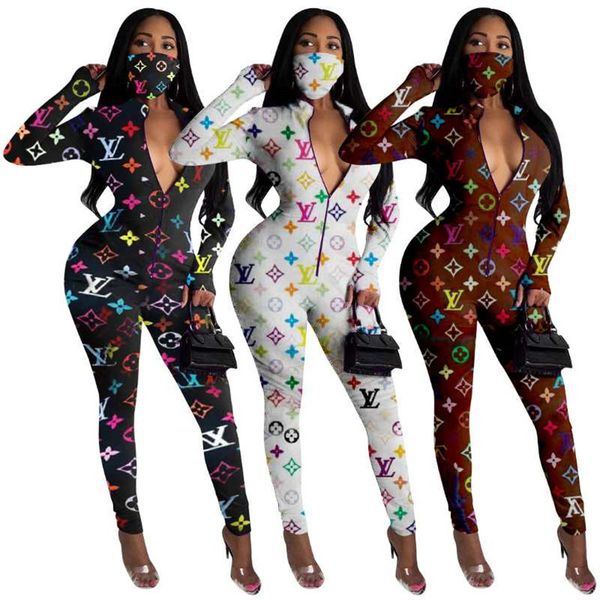 

plus size 2xl fall winter women designer long sleeve jumpsuits+mask brand skinny bodysuits black rompers casual brown overalls 3578, Gray