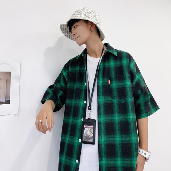 

men's casual shirts green plaid shirt men 2021 summer fashion chemise homme mens checkered short sleeve blouse, White;black