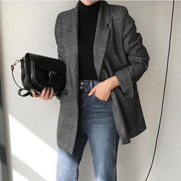

women's suits & blazers womens blazer 2021 long sleeve autumn winter coat jacket women plaid femme double breasted outerwear, White;black