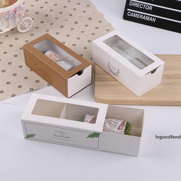 

simple kraft long swiss cake gift box with clear window new drawer style garland & leaf baking food towel wrapper holder